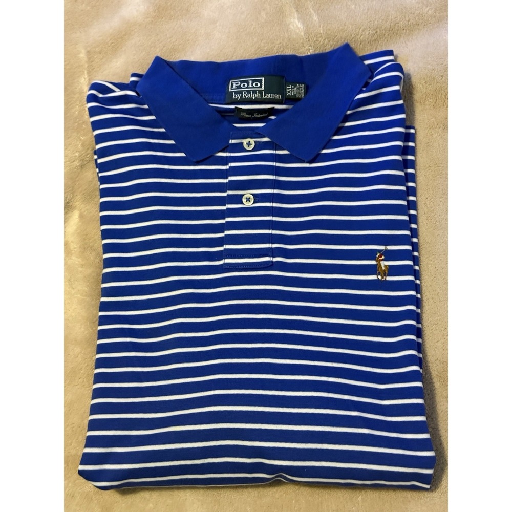 Polo Ralph Lauren Shirt Mens 2XL Blue Striped Pima Interlock Pony Preppy EUC